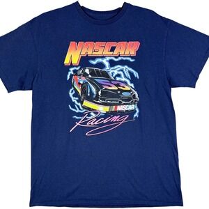 NASCAR Racing T-Shirt Mens Large Navy Blue Lightning Graphic Short Sleeve Tee